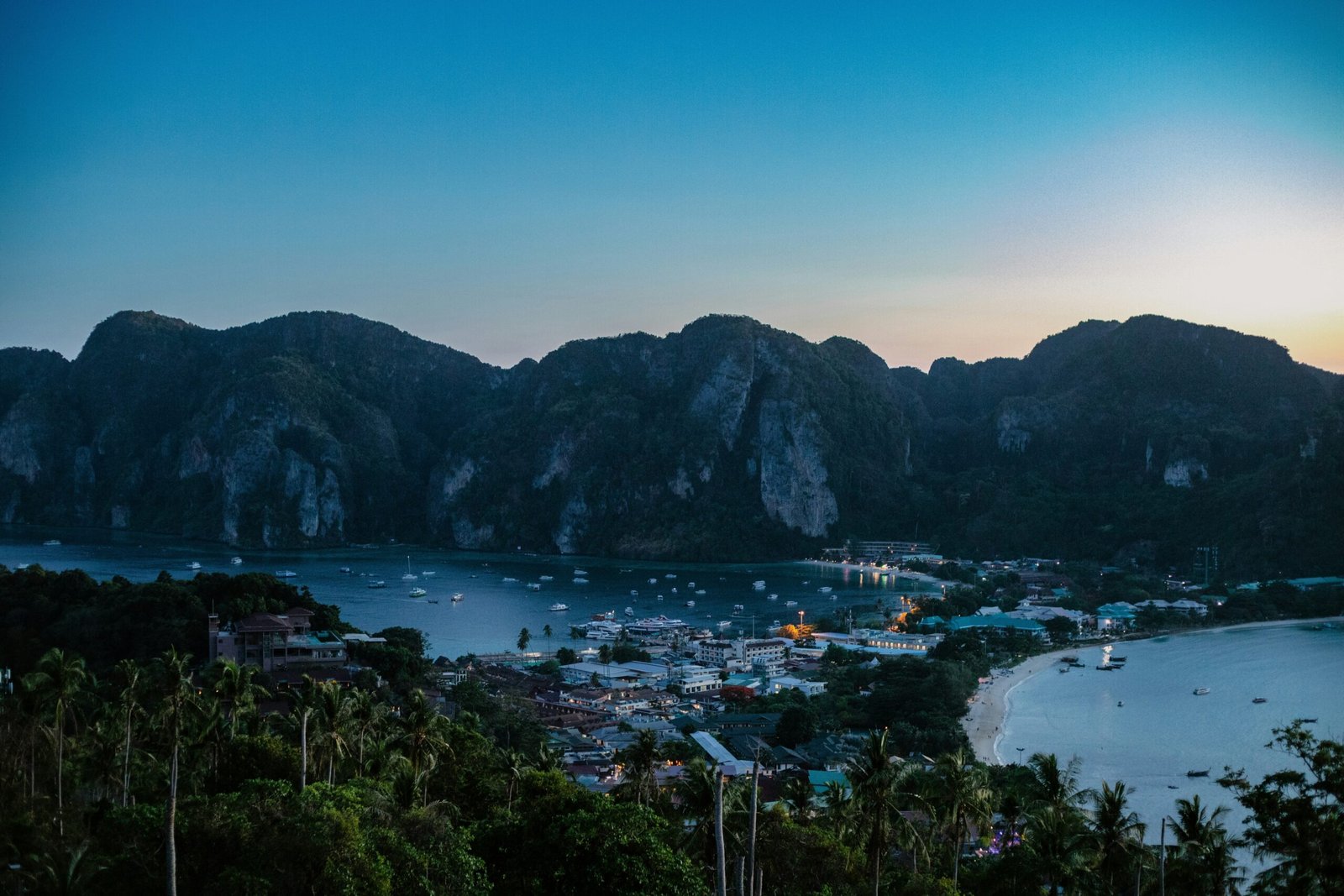 a view of a bay with boats and mountains in the background